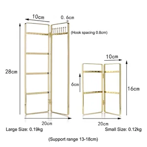 Golden folding iron earring and necklace organizer stand with detailed size dimensions