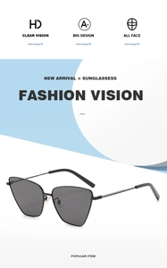 Detail showing oversized black cat-eye sunglasses with HD UV protection lenses