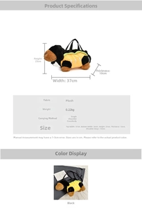 Detailed size chart and specifications for the plush dachshund dog crossbody bag