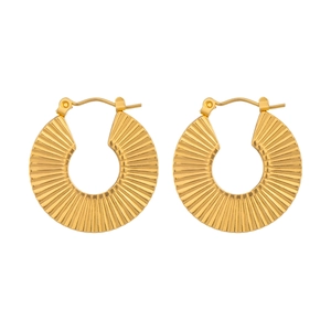 Detailed view of thick gold-plated hoop earrings with unique fan-shaped pleated texture