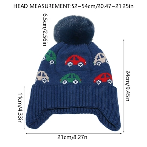 Detailed size chart for kids knit car hat with ear flaps, pompom and measurements