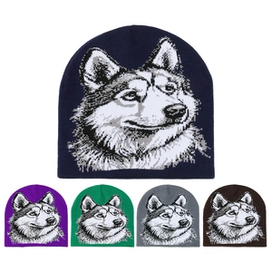 Winter knitted wolf pattern beanie hats for students in five assorted colors