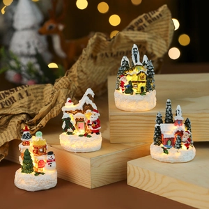 Light-up Christmas resin village house and Santa miniature decor on wood stand