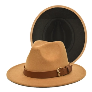 Detail of two-tone wide brim fedora with leather buckle strap and contrasting colors