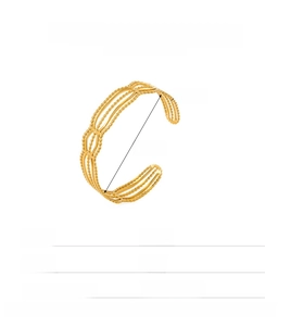Detail view of gold stainless steel open bangle with wave cutouts and size dimensions