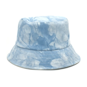 Blue and white tie-dye cotton bucket hat with reversible marble texture design