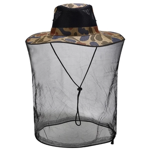 Detail of outdoor mosquito hat featuring camouflage fabric and full face mesh protection