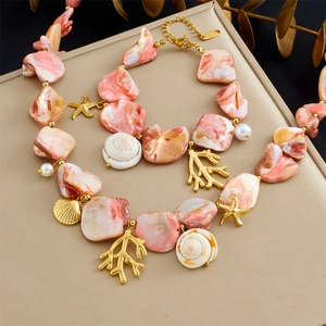 Ocean Series Necklace And Bracelet Stainless Steel Gold Plated Coral Starfish Shell Beaded Beach Jewelry Women