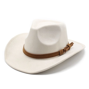 Detail of cream wool cowboy hat featuring a brown faux suede band and gold buckle