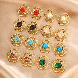 Camellia Flower Stud Earrings 18K Gold Plated Stainless Steel With Artificial Pearl Turquoise Cat Eye Stone French Retro Vintage Jewelry For Women