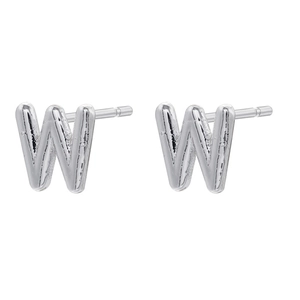 Macro view of silver W-shaped earrings with liquid metal texture and polished finish