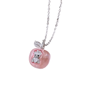 Elegant French style pink apple pendant necklace with zircon bear on silver chain