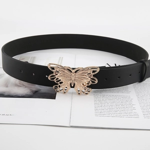 Black leather belt for women with elegant golden butterfly metal buckle for jeans
