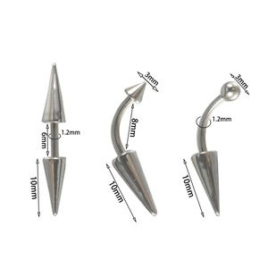 Stainless steel eyebrow rings and tragus piercings with spike ends and size labels