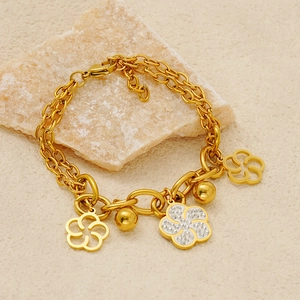 Bracelet À Breloques Fleurs En Acier Inoxydable Plaqué Or 18K Double Chaîne Zircon Incrusté Bijoux Floraux Pour Femmes