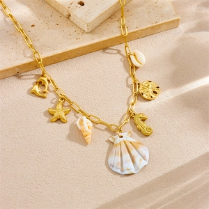 Beach style 18K gold plated necklace with seashell, starfish, and dolphin charms