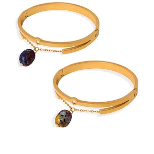 Titanium Steel Bangle Bracelet Gold Plated Natural Stone Pendant Zircon Inlaid Vintage Palace Style Open Cuff For Women