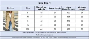 Size chart for long trench coat showing shoulder, sleeve, chest and length measurements