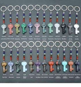Matrix display of 24 heart-key crystal keychains featuring chakra beads and natural stones