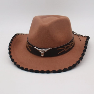 Western Cowboy Hat Retro Ethnic Style Cotton Felt With Metal Bull Head Leather Band Braided Edge For Men Women