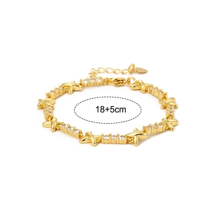 Detailed view of gold plated X-link bracelet featuring zircon stones and 18+5cm extension chain