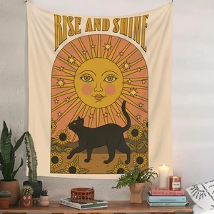 Retro Rise and Shine tapestry featuring a black cat, sunflower, and anthropomorphic sun