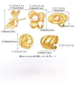 Detailed specs of 5-piece gold stainless steel ring set with pearls and dragonfly motifs