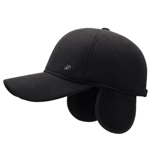 Men's winter baseball cap with ear flaps made of warm wool fabric and a metal logo detail