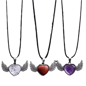 Natural amethyst and rose quartz heart angel wing pendant necklaces with black cords