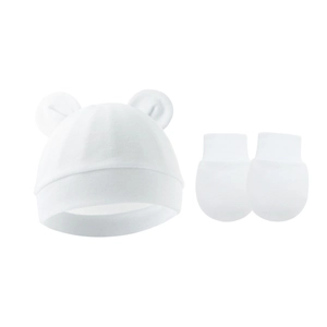 Detailed view of soft cotton newborn hat with ears and matching anti-scratch mittens set