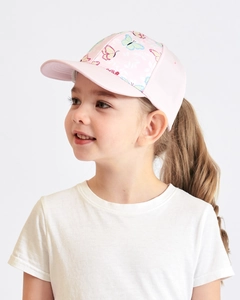 Detailed close-up of pink children baseball cap featuring colorful butterfly prints