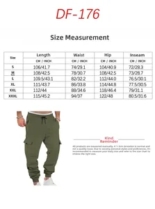 Detailed size chart for men's fleece cargo pants with measurements in cm and inches