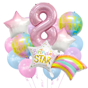 Detail of 8th birthday balloon set with gradient stars and pink foil number eight