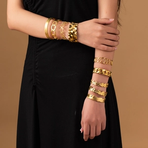 18K gold plated stainless steel bangles set featuring floral and geometric designs