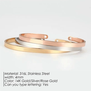 Macro view of 4mm 316L stainless steel cuff bangles in gold, silver and rose gold