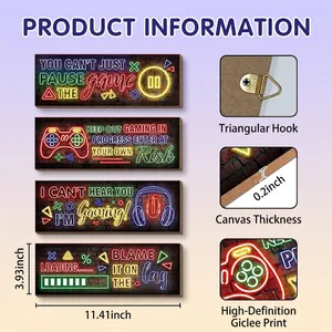Gamer wall art set showing 29x10cm dimensions, neon UV print quality, and metal hooks