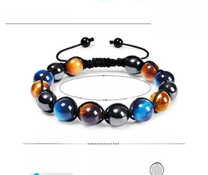 Detailed size specifications for a 10mm blue tiger eye stone woven bracelet