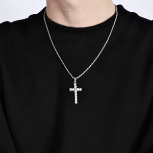 Polished S925 sterling silver cross pendant necklace with zircon on twist chain for men