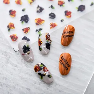 Stickers ongles 5D relief motif roses vintage avec détails dorés et fleurs antiques