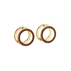 Minimalist double hoop earrings with gold finish and red zircon stones on a white background