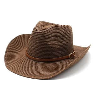 Western Cowboyhut Papierstroh Breite Krempe Sonnenschutz Sommer Strand Jazz Fedora Mit PU Lederband Und Schnalle