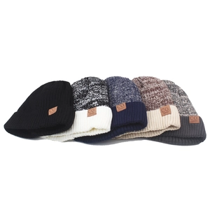 Winter knit beanies with fleece lining and leather patches in five assorted colors