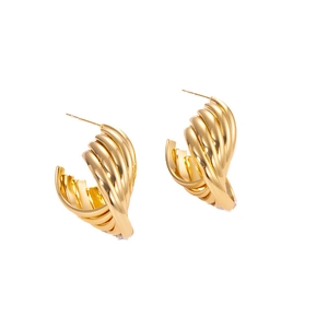 Detail of gold-tone square twisted wheat texture earrings in a layered hoop design