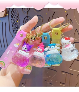 Detail of cute Sanrio acrylic oil charms featuring Kuromi and My Melody with liquid beads