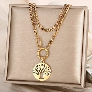 Double Layer Necklace Stainless Steel Tree Of Life Pendant Cuban Chain Hollow Fashion Trendy Jewelry For Women