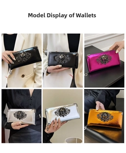 Detailed views of skulls on glossy long wallets in black, pink, silver and gold
