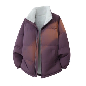 Detail of dark purple winter jacket with stand collar and warm white fleece lining