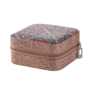 Portable vintage travel jewelry box with colorful patterned lid and secure zipper closure