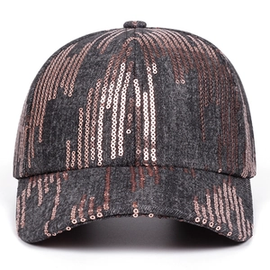 Chic denim baseball cap with shimmering rose gold sequins in a fluid stripe pattern