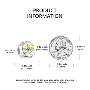 Detailed size specifications for evil eye charm with blue enamel and crystal accents